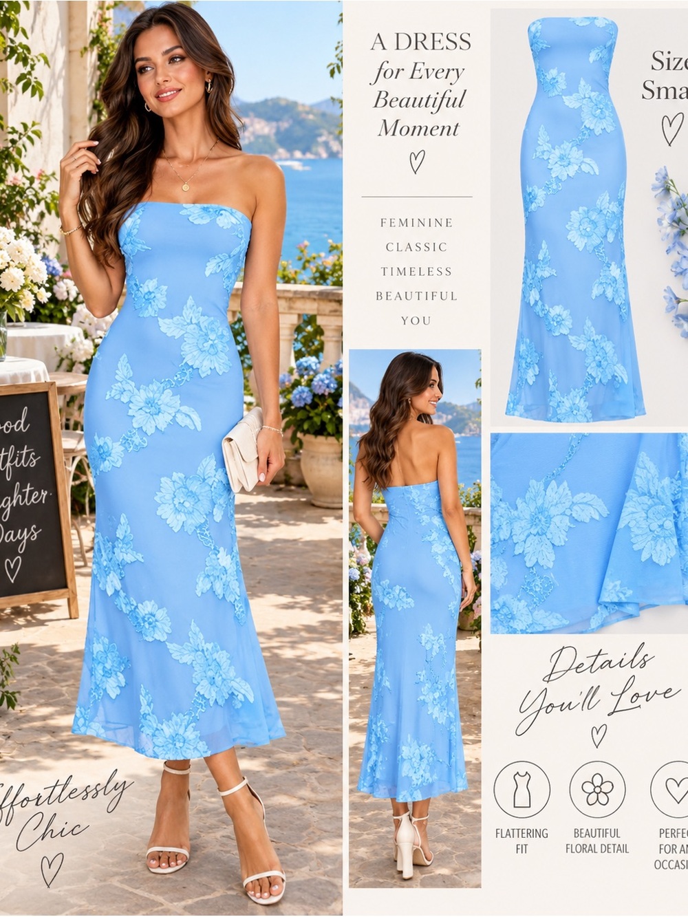 Elegant Sky Blue Strapless Floral Midi Dress